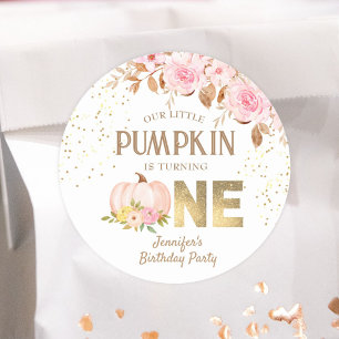 Roze Pompoen Bloemen Meisje 1e Verjaardag Ronde Sticker