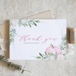 Roze pompoen en groen Herfst Baby shower Bedankkaart