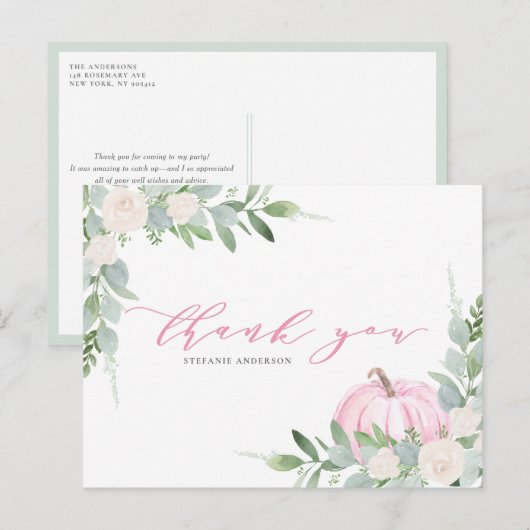 Roze pompoen en groen Herfst Dank u Briefkaart (Voorkant / Achterkant)