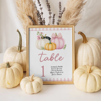 Roze Pompoen Gingham Baby Shower Tafel Nummers Reclamebord Met Voetstuk