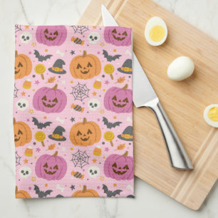 Roze Pompoen Halloween Patroon Keuken Handdoek