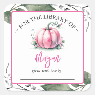 Roze Pompoen Herfst Baby shower Bookplate Vierkante Sticker