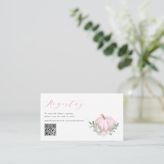 Roze Pompoen Herfst Baby shower QR Code Registry Informatiekaartje (Staand voorkant)