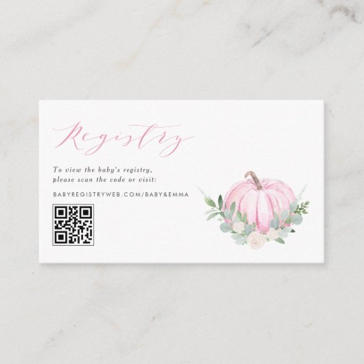 Roze Pompoen Herfst Baby shower QR Code Registry Informatiekaartje (Voorkant)