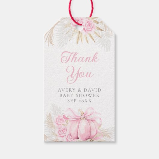 Roze Pompoen Meisje Bloemen Bow Baby shower Cadeaulabel (Voorkant)