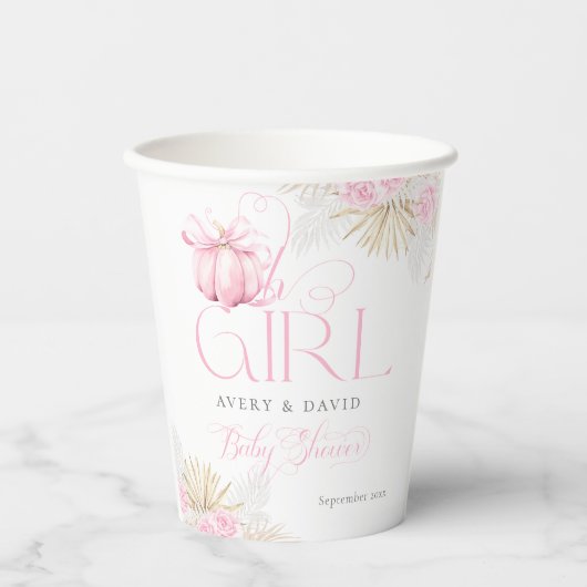 Roze Pompoen Meisje Bloemen Bow Baby shower Welkom Papieren Bekers (Voorkant)