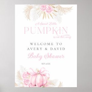 Roze Pompoen Meisje Bloemen Bow Baby shower Welkom Poster