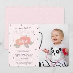 Roze pompoen meisje foto eerste verjaardag uitnodi kaart