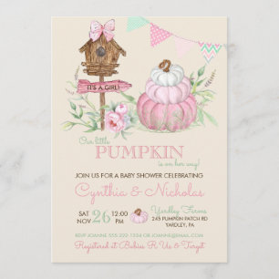 Roze Pompoen Patch Birdhouse Meisje Baby shower Kaart