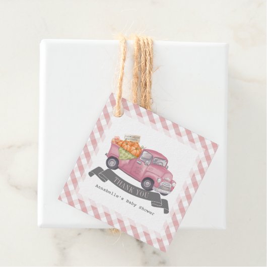 Roze Pompoen Vrachtwagen Gingham Meisje Baby showe Bedankjes Labels (In situ)