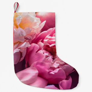 Roze pony-bloemen als florale kunstachtergrond, bo kleine kerstsok