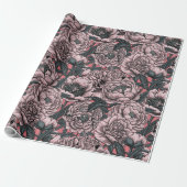 Roze pony-bloemen en -moten cadeaupapier (Uitgerold)