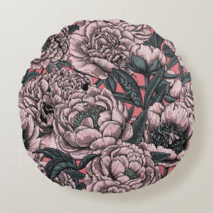 Roze pony-bloemen en -moten rond kussen