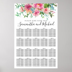 Roze pony Floral 20-Table Wedding Seating Chart Poster