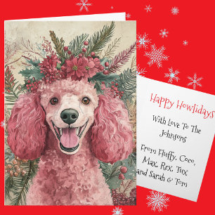 Roze Poodle Kerst Bloemen Kroon Feestdagen Kaart