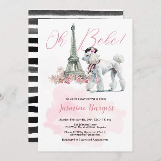 Roze Poodle Parijs Baby Shower Uitnodiging (Voorkant / Achterkant)