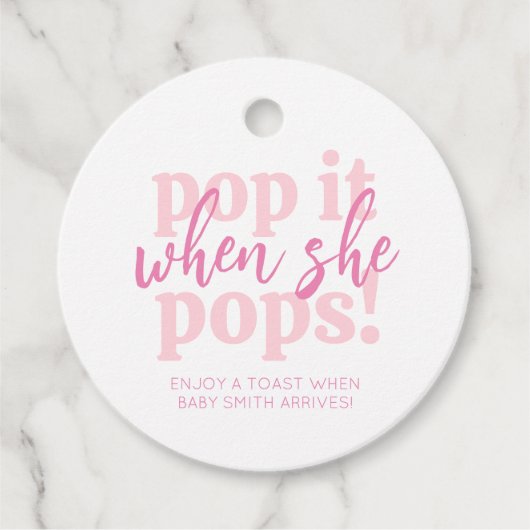 Roze Pop als ze Baby shower Gift Pop Bedankjes Labels (Voorkant)