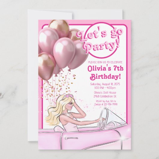 Roze Pop Auto Verjaardagsfeestje Kaart (Voorkant)