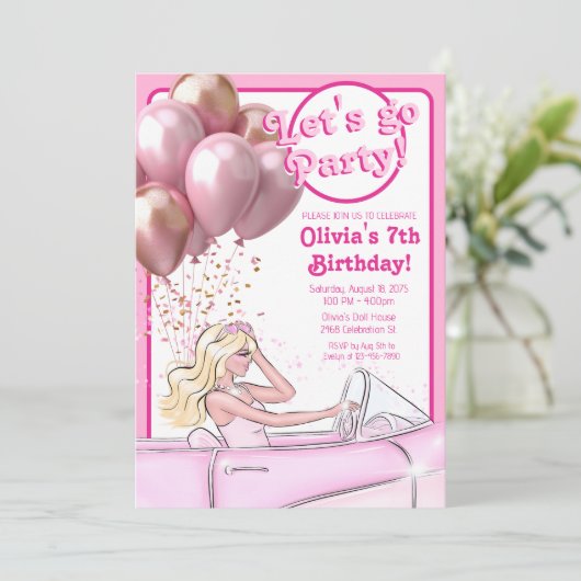 Roze Pop Auto Verjaardagsfeestje Kaart (Staand voorkant)