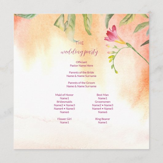 Roze Pop Freesia perzik bruiloft Programma (Achterkant)