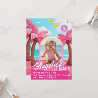 Roze Pop Verjaardagsuitnodiging voor op het Strand Kaart