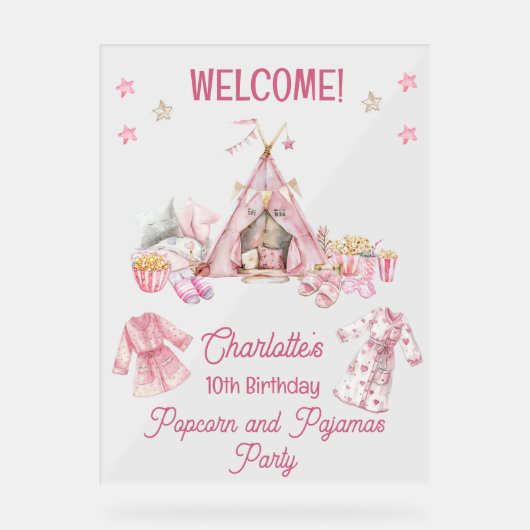 Roze Popcorn en Pyjama Slumber Verjaardagsfeest Acryl Bord (Voorkant)