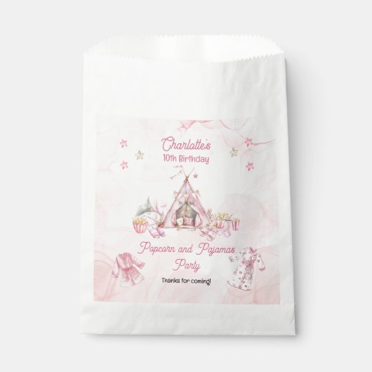 Roze Popcorn en Pyjama Slumber Verjaardagsfeest Bedankzakje (Voorkant)