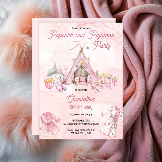 Roze Popcorn en Pyjama Slumber Verjaardagsfeest Kaart