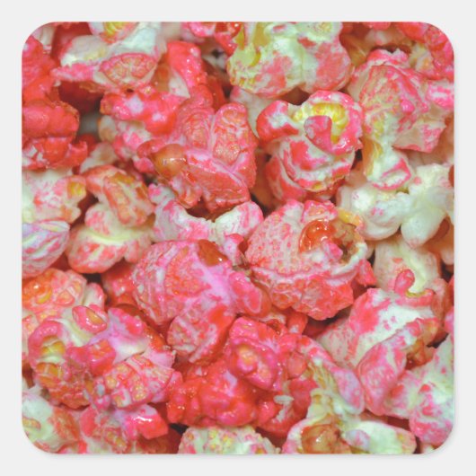 Roze popcorn vierkante sticker (Voorkant)
