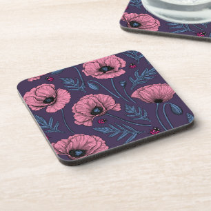 Roze poppies op donker violet bier onderzetter