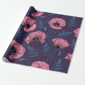 Roze poppies op donker violet cadeaupapier (Uitgerold)