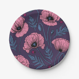 Roze poppies op donker violet papieren bordje