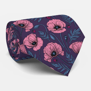 Roze poppies op donker violet stropdas