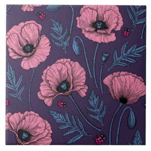 Roze poppies op donker violet tegeltje
