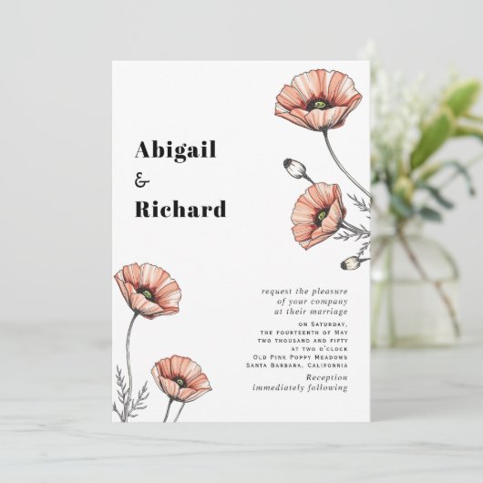 Roze Poppies wilde bloemen bloemenbruiloft Kaart (Staand voorkant)