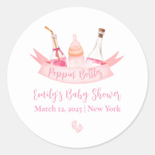 Roze Poppin Champagne Flessen Voeten Baby shower Ronde Sticker
