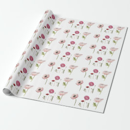 Roze Poppy Bloemen Bloemen Bloemen Patronen in Wit Cadeaupapier