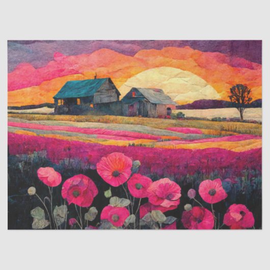 Roze Poppy Boerderij bij zonsondergang, levendige  Tissuepapier (Voorkant)