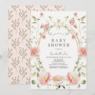Roze Poppy Wildflower Vlinder Baby shower Kaart