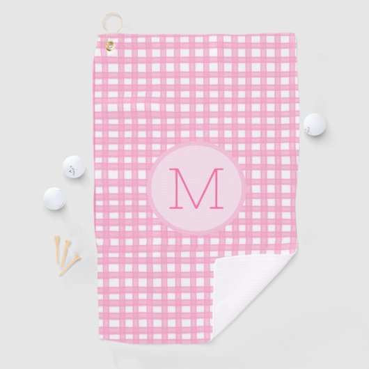 Roze preppy gingham custom monogram dames golfhanddoek (Insitu)
