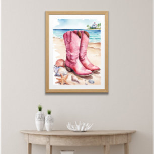 Roze Preppy Kust Cowgirl Laarzen Zand Oceaan Stran Poster