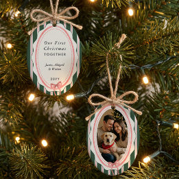 Roze Preppy Streep Eerste Kerstmis Samen Foto Keramisch Ornament