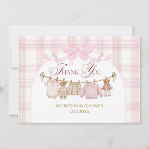 Roze Preppy Teddyshower Meisje Baby Plaid Boog Bedankkaart