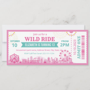 Roze pretpark verjaardagsuitnodigingsticket kaart