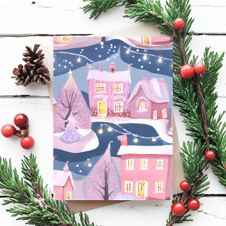 Roze Pretty Christmas Town | Waterverf Meisjesacht Feestdagenkaart
