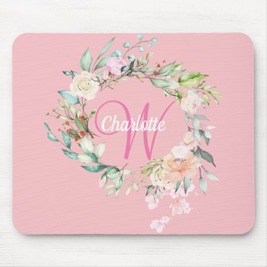 Roze Pretty Initial Script Monogram Rozen Bloemig Muismat (Voorkant)