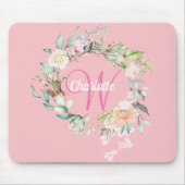 Roze Pretty Initial Script Monogram Rozen Bloemstu Muismat (Voorkant)