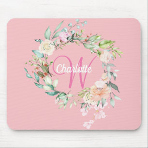 Roze Pretty Initial Script Monogram Rozen Bloemstu Muismat
