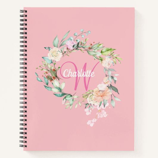 Roze Pretty Roses Bloemige Monogram Meisjesachtig  Notitieboek (Voorkant)