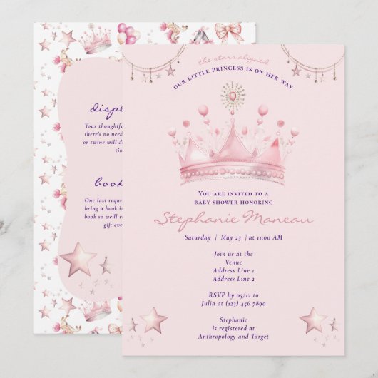 Roze Princess Celestial Stars Uitgelijnd Baby show Kaart (Voorkant / Achterkant)